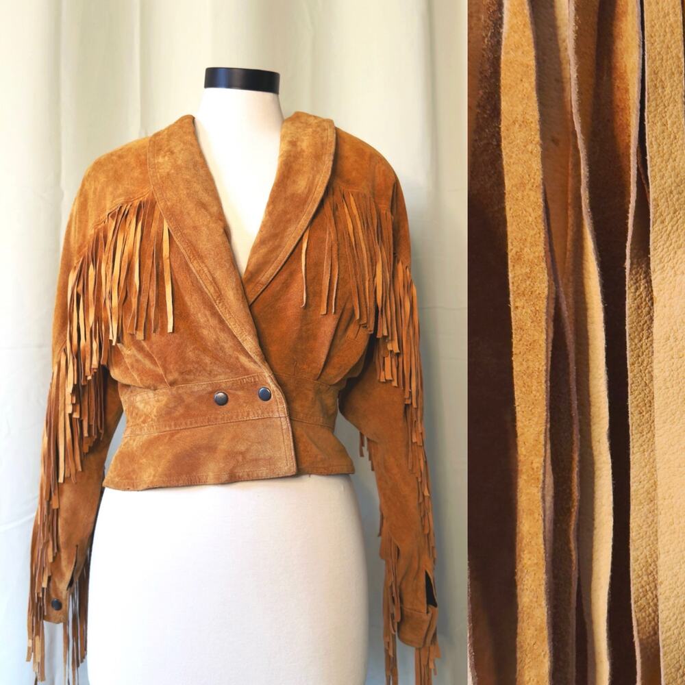 VTG 80s Michael Joseph Cropped Fringe Leather Jacket size Medium
